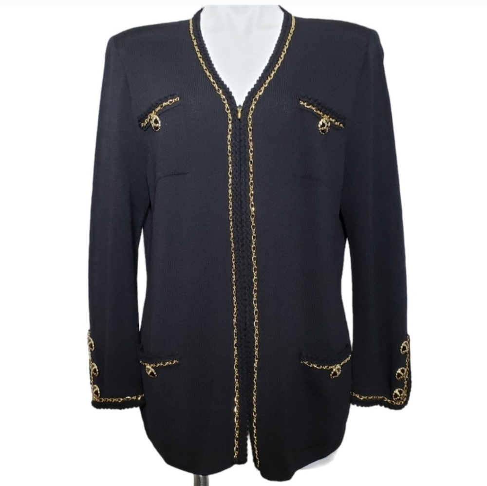 St. John Collection | Black Knit Gold Chain Embellished Zip Cardigan Women's 12